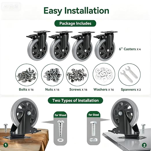 6 Inch Caster Wheels Set of 4 Heavy Duty Swivel Caster - Image 5
