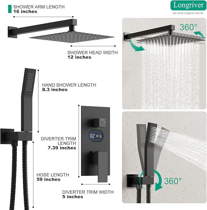Shower Faucet Set with Hydro Power Temperature Display, Shower System Bathroom 12 Inches Shower Head with Handheld Spray, Wall Mounted Shower Fixtures with Shower Valve and Trim Kit, Matte Black
