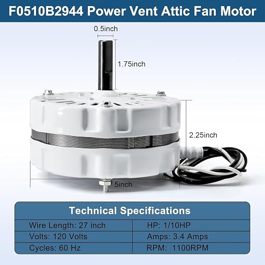 F0510B2944 Attic Roof Power Vent Fan Motor, Replacement - Image 2