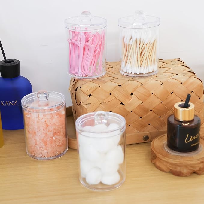 4 Pack Acrylic Qtip Holder Dispenser,Bathroom Canisters Apothecary Jar Set, Vanity Makeup Storage Organizer Set,10 oz