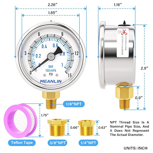MEANLIN MEASURE 0~15Psi Dry Low Pressure Gauge Stainless Steel 1/" NPT 2" FACE - Image 2