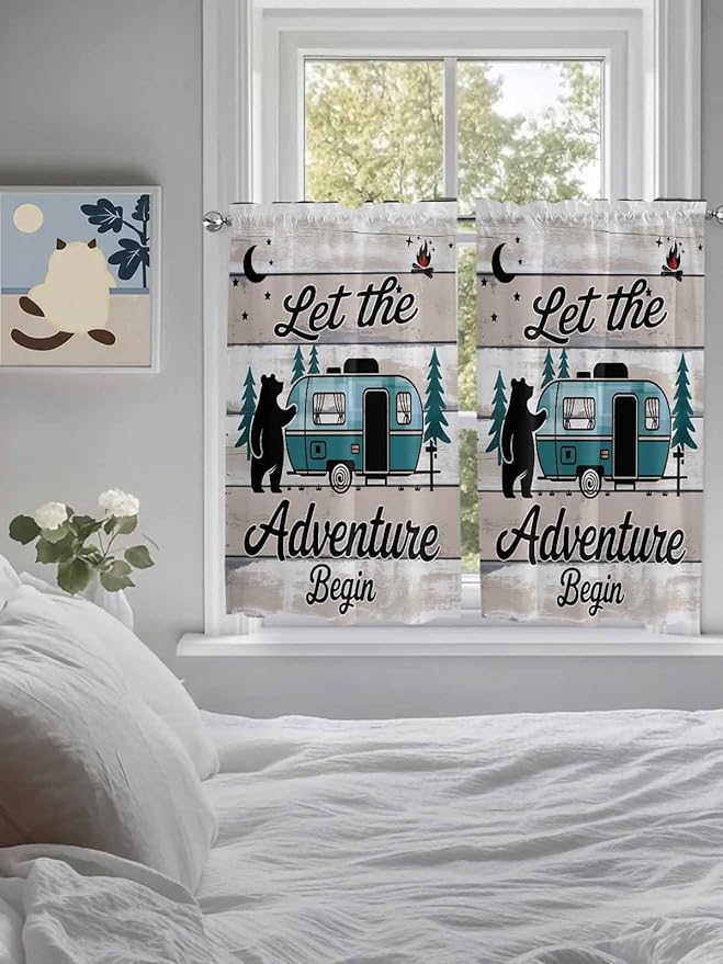 Farmhouse Bear Camper Van Tree Window Valance Curtains, Vintage Wood Grain - Image 4