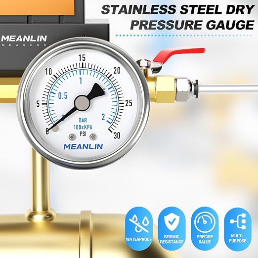 MEANLIN MEASURE 0~30Psi Dry Low Pressure Gauge Stainless Steel 1/8" NPT 2" FACE - Image 7