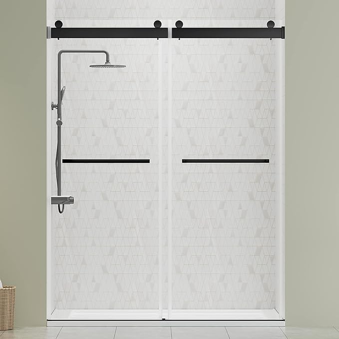 DELAVIN 56"-60"W x 75"H Frameless Shower Door, Double Sliding Shower Door, 5/16"(8mm) Clear Tempered Glass, Noiseless Shatterproof Shower Door with Square Rail, Stainless Steel, Aluminum, Matte Black