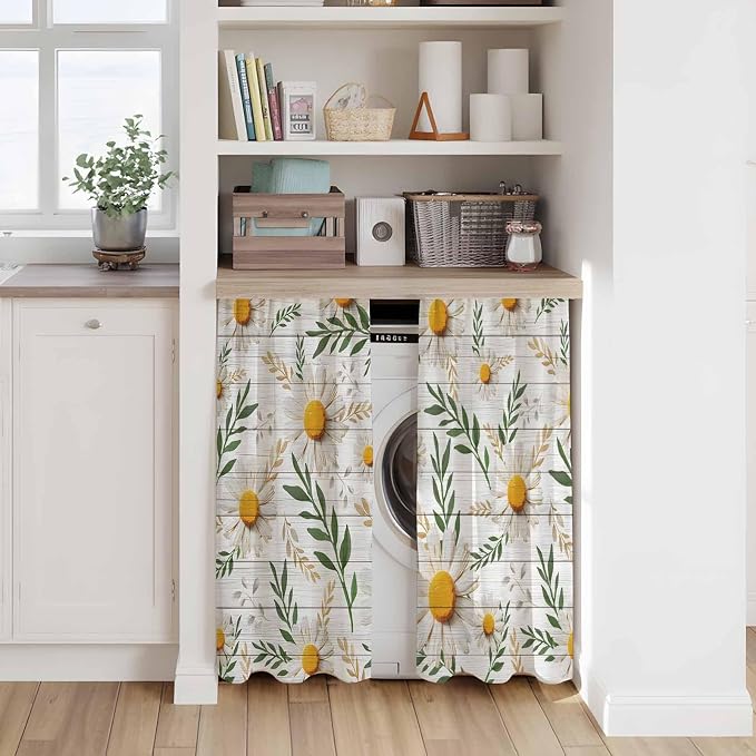 Spring Daisy Tier Curtains, Farmhouse Country Flower Leaf Plant Wood Grain - Image 7