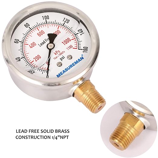 MEASUREMAN Lead-Free Pressure Gauge, 2-1/2inch Dial, Glycerin Filled, - Image 4
