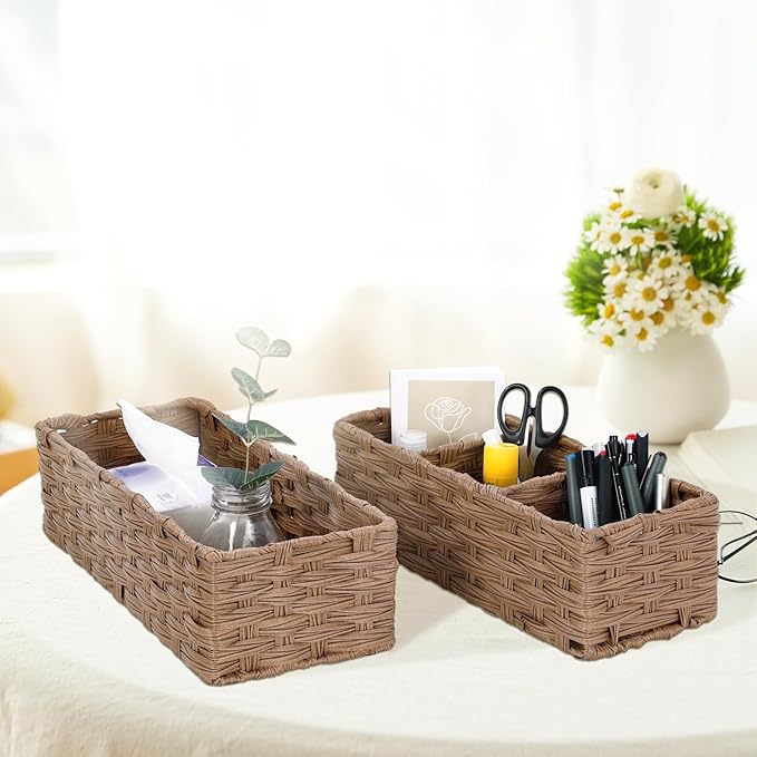 DULLEMELO Small Wicker Toilet Tank Basket Set of 2 Waterproof Bathroom Baskets for Organizing, Brown