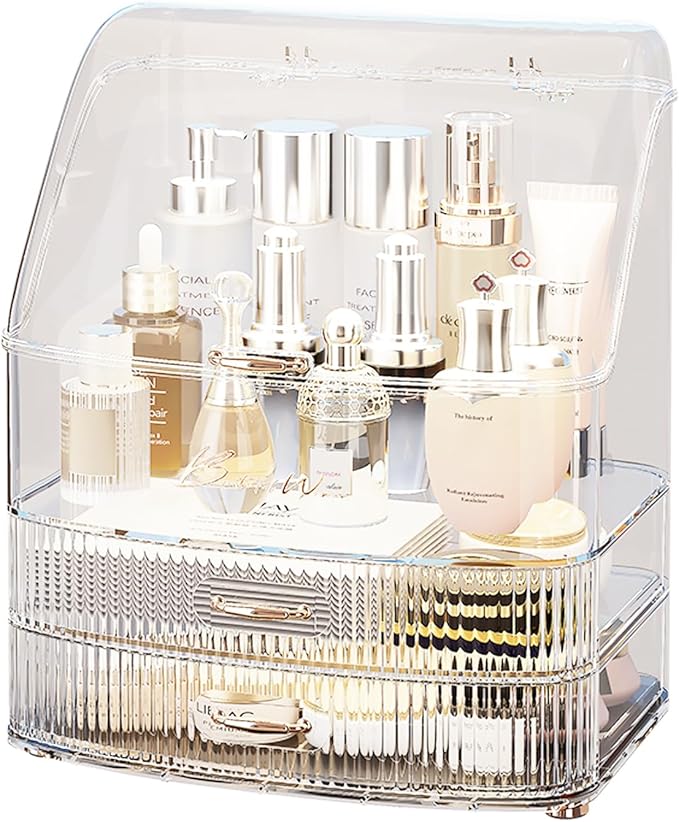 Makeup Organizer Countertop Vanity with Transparent Lid Drawers Waterproof Dustproof Cosmetic Skincare Bathroom Storage Gift for Women Teens Girls (Clear Whtie)
