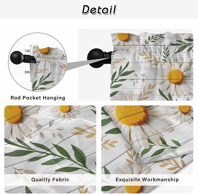 Spring Daisy Tier Curtains, Farmhouse Country Flower Leaf Plant Wood Grain - Image 9