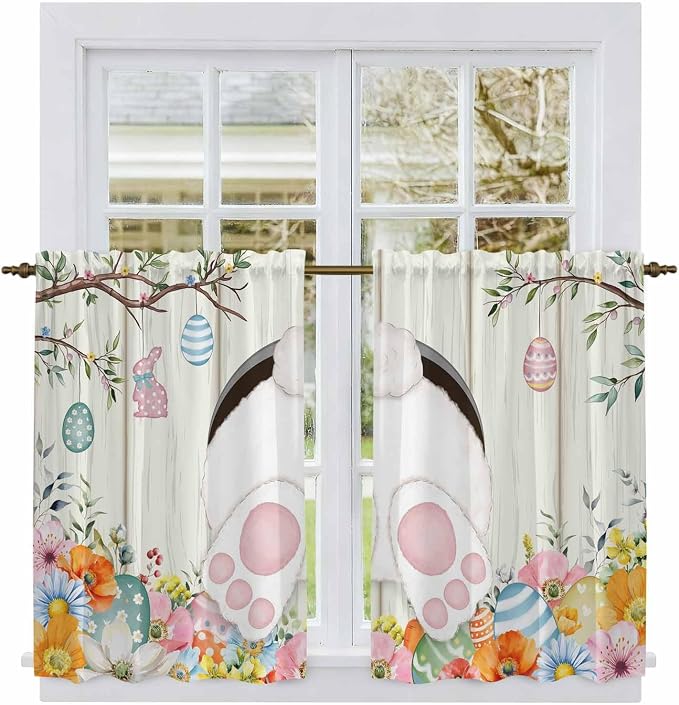 Easter Kitchen Tier Curtains 45 Inch Long 2 Panel Set, Rod Pocket Short Window - Image 2