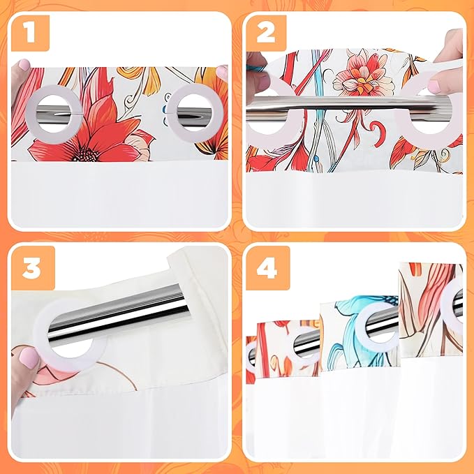 Hookless Shower Curtain with Snap-in Liner Set, Floral, Vibrant Watercolor Fabric, See Through Sheer Window, Washable, 3 Magnet Weights, No Hook, Waterproof, Boho Farmhouse, Standard Size