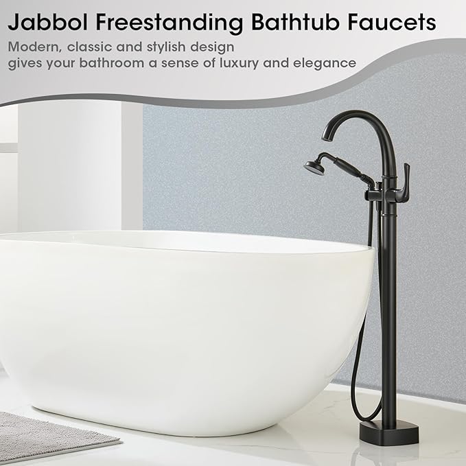Free Standing Tub Faucet, Jabbol Luxury Freestanding Bathtub Faucet with Sprayer, Brass Bathroom Floor Mount Tub Filler, Matte Black (JB-8811BK)