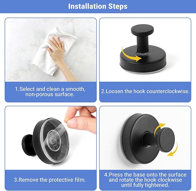 Suction Cup Hooks for Shower, 4 Pcs Shower Hook for Bathroom Stainless Steel Wall Hook for Hanging up to 6.5 lbs for Kitchen, Glass, Mirror,Black