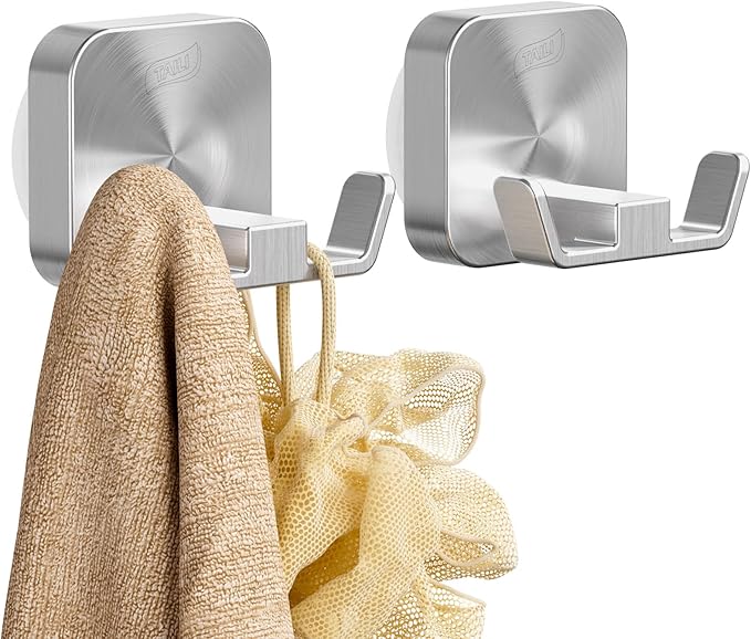 TAILI Patented Strong Suction Cup Hook, Thickened 304 Stainless Steel Bathroom Suction Holder for Towel, Loofah, Bathrobe, Damage-Free Hanging Shower Wall Hook, Double-Hook Widening Design, Silver