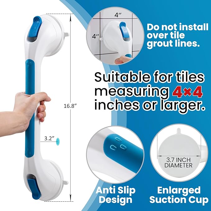 TAILI Shower Grab Bar Glow in The Dark, 16.8 in Grab Bars for Bathtubs, Shower Handles Bath Rails for Seniors and Elderly, Bathroom Safety Grip Removable No Drilling Waterproof Blue
