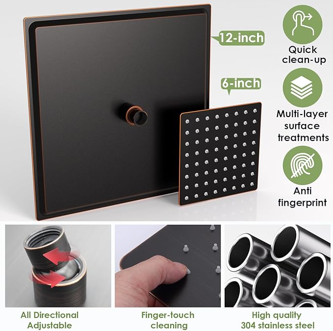Enga Dual Shower Head System with Body Jets, 12"+ 6" Wall Mounted Dual Rain Shower Faucet with Valve Kit, Oil Rubbed Bronze