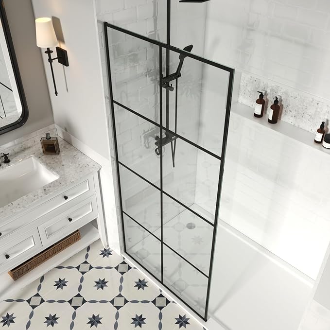 30" W x 76" H Frameless Shower Screen, Fixed Glass Panel for Walk-In Shower, 3/8" Tempered Glass, Grid Pattern Design