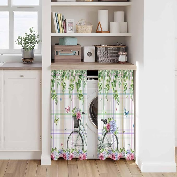 Spring Tier Curtains, Bicycles Botanical Leaves Rose Colorful Stripes Light - Image 7