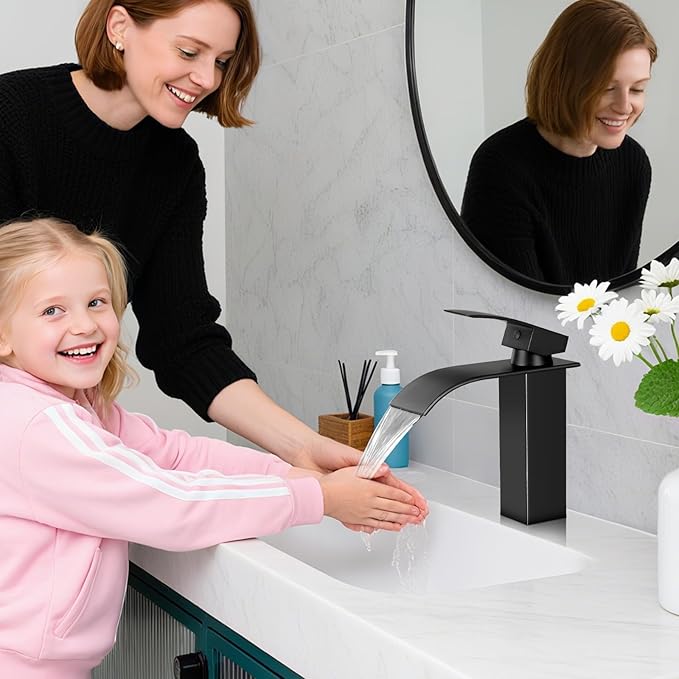 Bathroom Faucets Matte Black Waterfall Bathroom Sink Faucet Modern Single Handle Bathroom Faucet for 1 or 3 Hole Mxier Tap Washbasin Faucet with Deck, Pop-up Drain and Supply Hoses 2 Pack