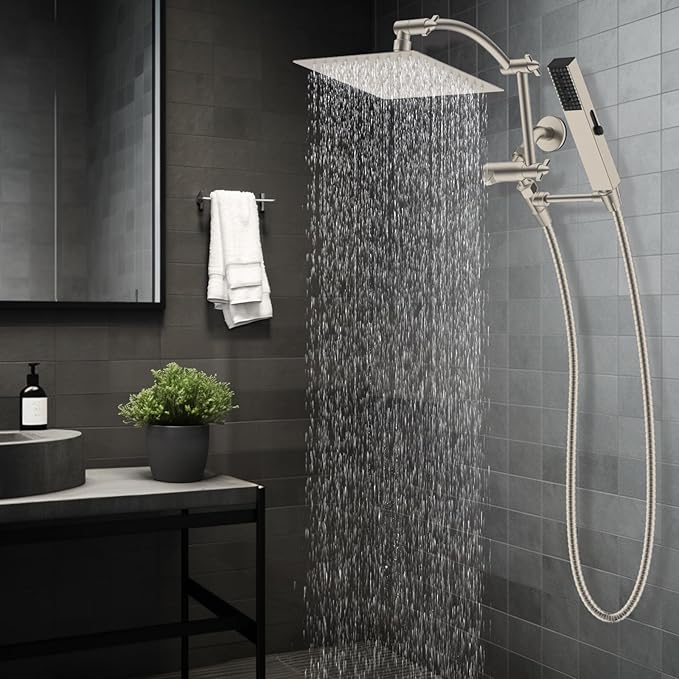 Hibbent All Metal CUPC Certified 8'' Rainfall Shower Head, Dual Shower Head Combo, High Pressure Handheld 4 Sprays Shower Wand, 16'' Adjustable Extension Arm, 71'' Hose, Shower Holder, Brushed Nickel