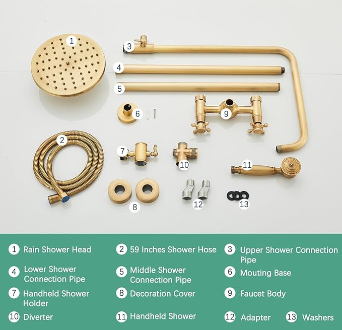Antique Brass Shower System Bathroom Shower Faucet Set with 8 Inch Rainfall Shower Head Handheld Spray 2 Cross Handles Wall Mounted Outdoor Shower Fixtures Solid Brass