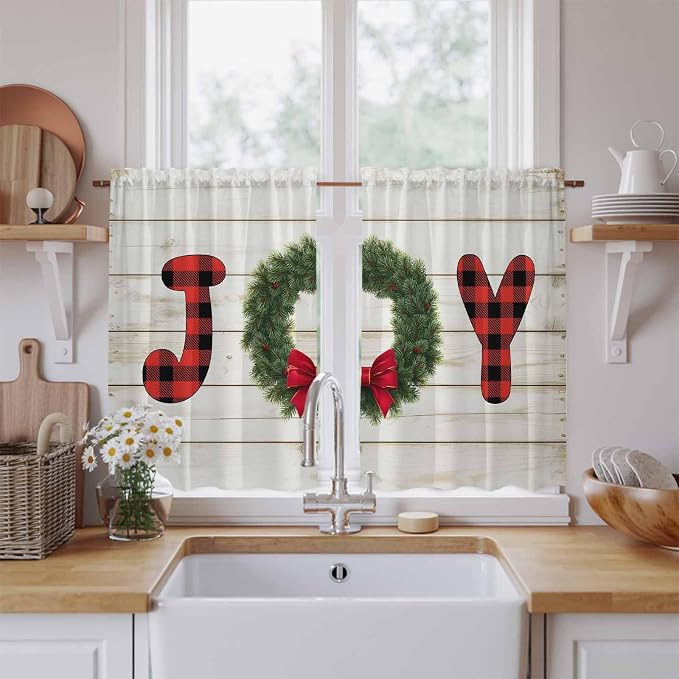 Christmas Wreaths Kitchen Tier Curtains 45 Inch Long 2 Panel Set, Rod Pocket by Unknown