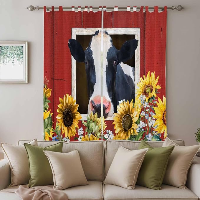 Cow Sunflowers Living Room Curtains 84 Inch Length, Window Curtains Tab Top - Image 3