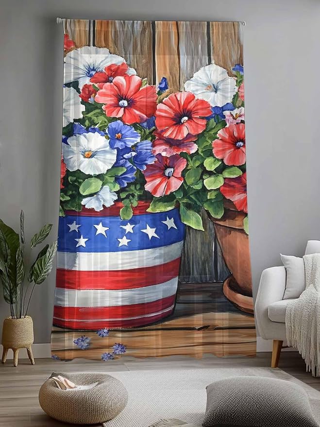 Sheer Curtains 108 Inches Long, Retro Independence Day Flag Wood Grain Privacy - Image 2
