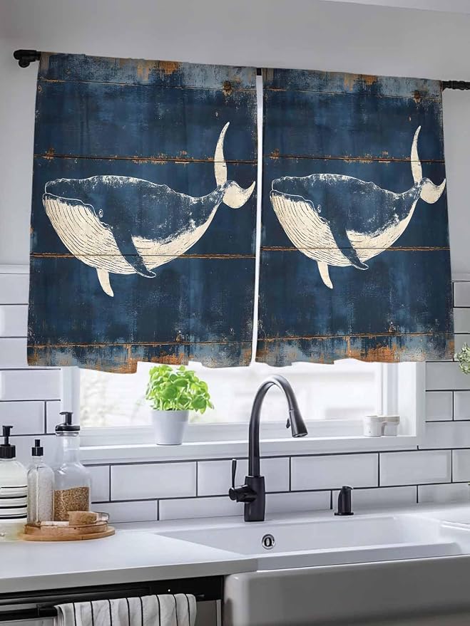Sheer Curtains 54 Inch Length, Summer Whale Blue Semi Sheer Curtains Light - Image 5