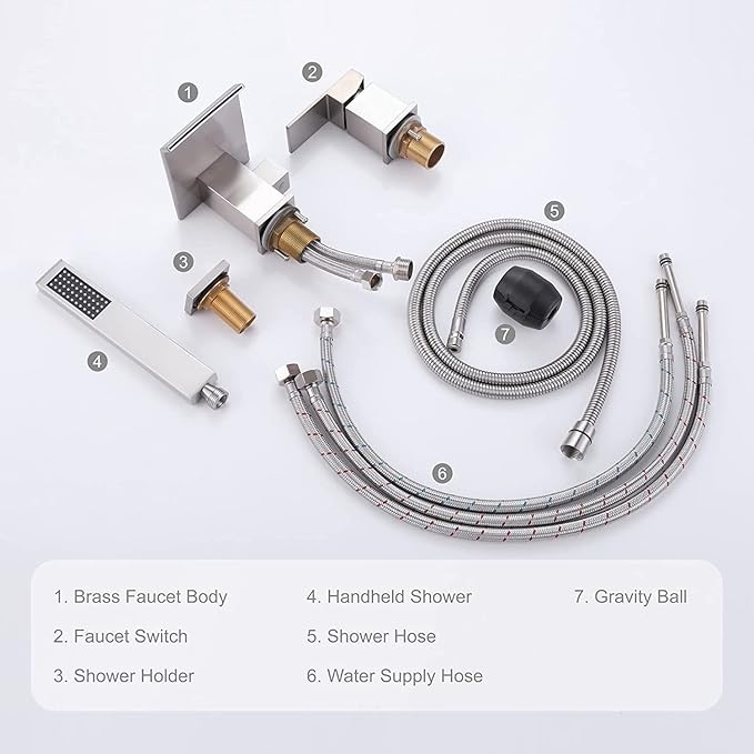TapLong Modern Roman Tub Faucet with Hand Shower, Waterfall Deck Mount Bathtub Filler Faucet with Sprayer, Widespread 3-Holes Tub Shower Faucet Set in Brushed Nickel, 02763BN