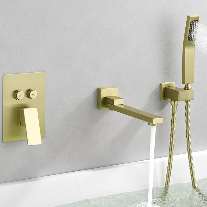 Wall Mount Bathtub Faucet Set Included 180°Swivel bathroom Tub Filler faucets and handheld Shower，high Flow Tub Spout with Solid Brass Push-button Diverter Pressure Balance Valve,Brushed Gold