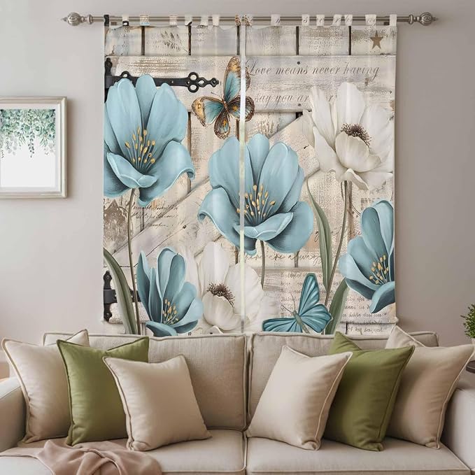 Teal Blue Tulips Living Room Curtains 84 Inch Length, Window Curtains Tab Top - Image 3