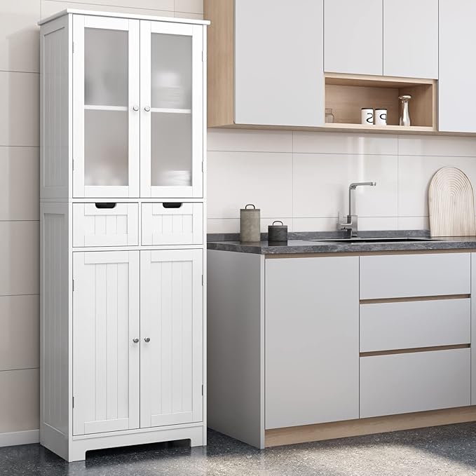 HORSTORS 67" Tall Bathroom Storage Cabinet, Freestanding Linen Cabinet with Glass Door and Shelves, Kitchen Pantry with 2 Drawers for Bathroom, Living Room, Dining Room, Office, White