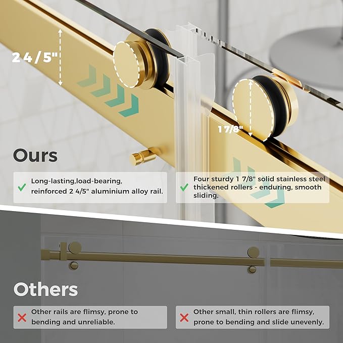 DELAVIN 56"-60" W x 75" H Frameless Shower Door, Double Sliding Shower Door, Glass Shower Door with 5/16" (8mm) Clear SGCC Tempered Glass, Explosion-Proof Film, Stainless Steel Hardware, Gold