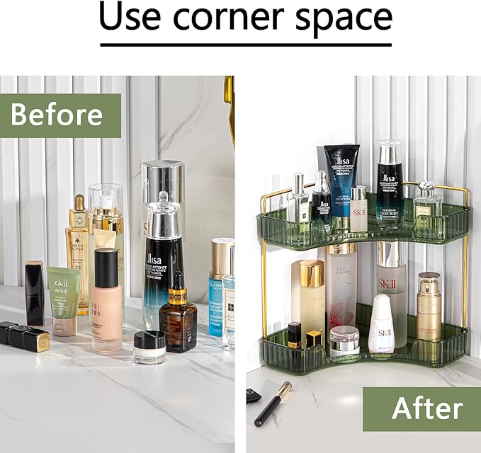 2-Tier Corner Bathroom Counter Organizer – Storage Shelf for Makeup, Perfume & Skincare, Space-Saving Countertop Tray Fits Bathroom, Dresser, Kitchen (Green)