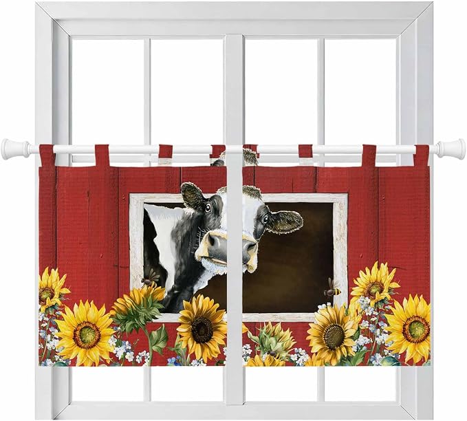 Cows Sunflowers Kitchen Curtains 24 Inch Length, Small Window Curtains Tab Top by Unknown