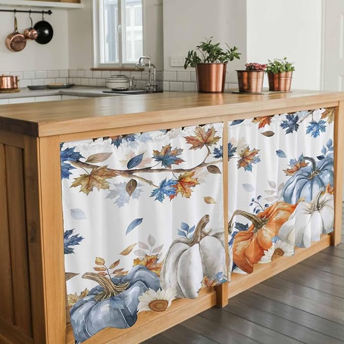 Navy Blue Pumpkin Fall Kitchen Tier Curtains 24 Inch Long 2 Panel Set, Rod - Image 7