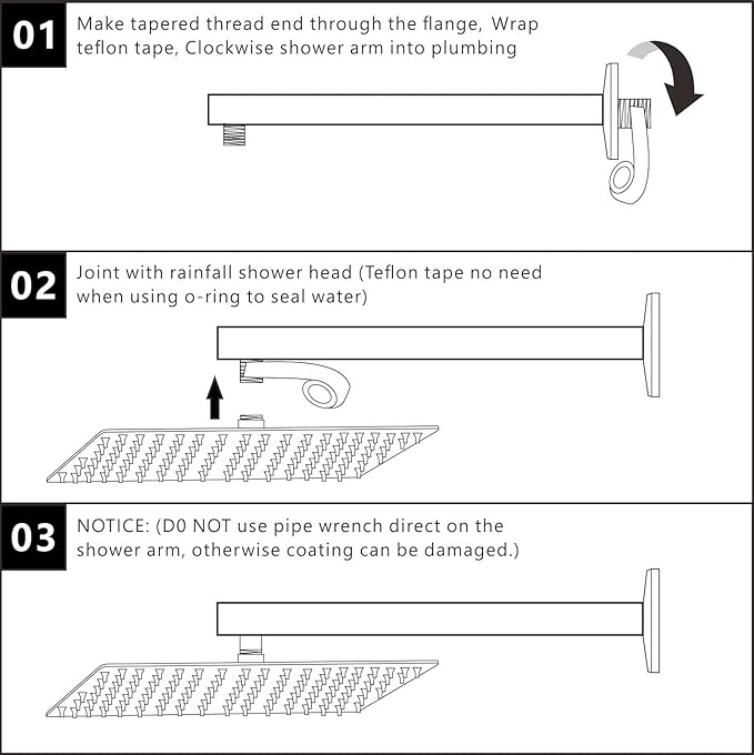 Voolan 16" Square Shower Arm with Flange and Teflon Tape, Extension Shower Head Arm for Bathroom Fixed Shower Head, Solid Stainless Steel, Wall Mounted (Matte Black)