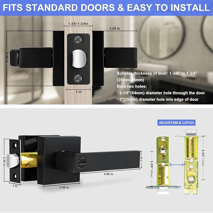 Privacy Interior Door Lever, Heavy Duty Matte Black Door Handles Square Door Knobs for Bedroom & Bathroom Keyless Door Lock Handles for Right & Left Sided Doors (1 Pack)