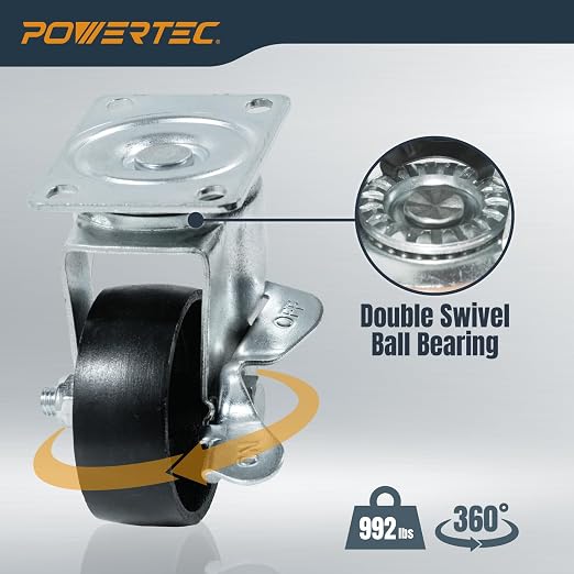 POWERTEC 3 Inch Cast Iron Swivel Caster Wheels Set of 4, Heavy Duty 992 lbs - Image 5