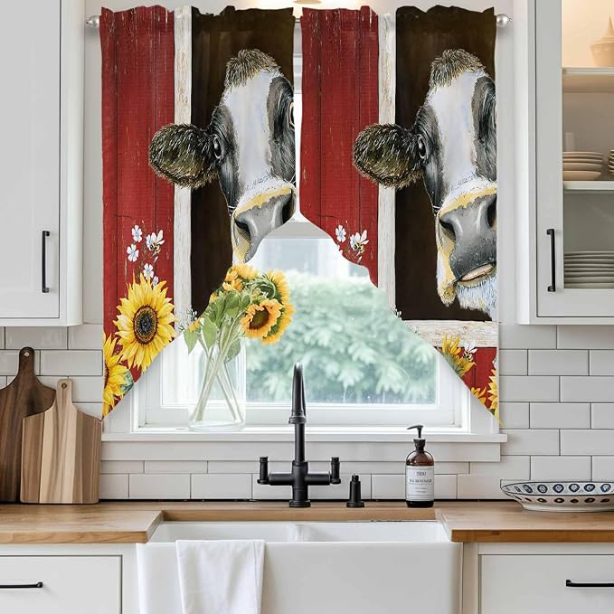 Cows Sunflowers Swag Valances for Windows, Rustic Farms Barns Flowers Bees - Image 2