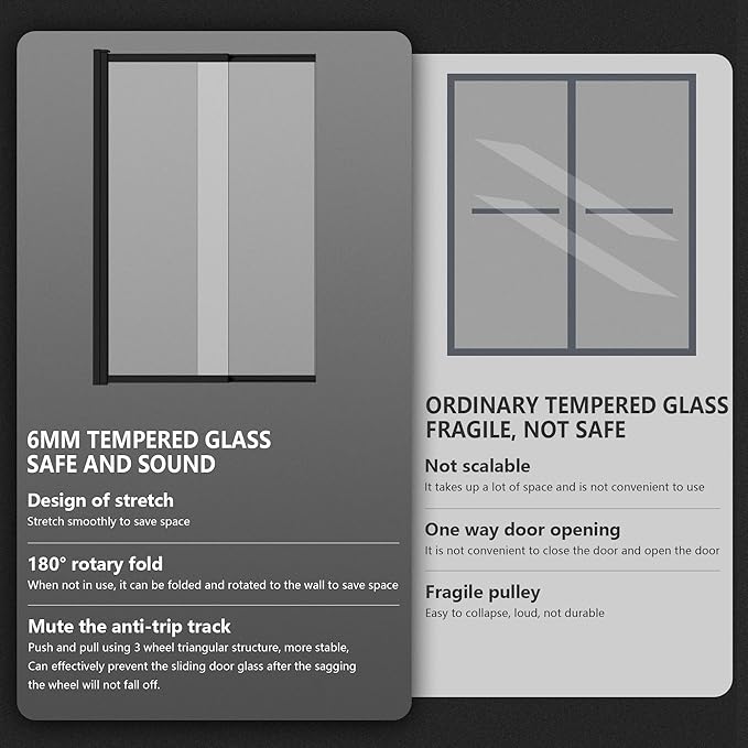 Bathtub Sliding Double Swing Door, Frameless Tempered Glass Shower Doors 22-36 * 55” Bathroom Screen Panel, Clear Deluxe Shower Door Matte Black