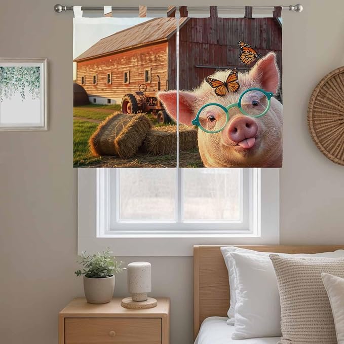 Farm Pig Kitchen Curtains 45 Inch Length, Short Cafe Window Curtains Tab Top - Image 9
