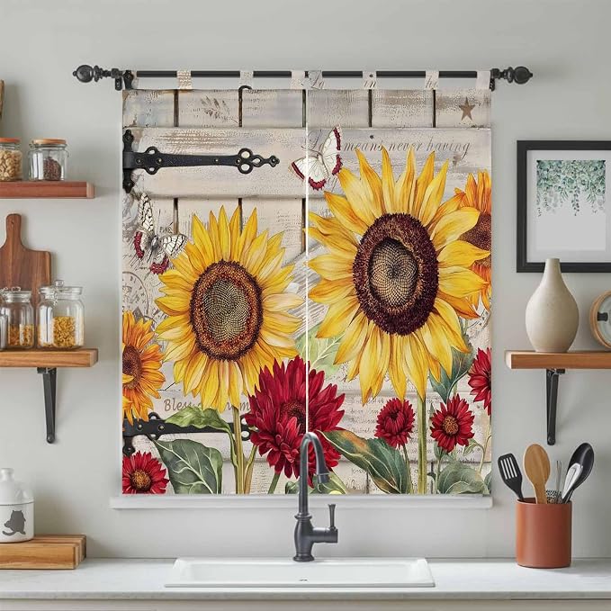 Red Yellow Sunflowers Bathroom Curtains 63 Inch Length, Window Curtains Tab Top - Image 3