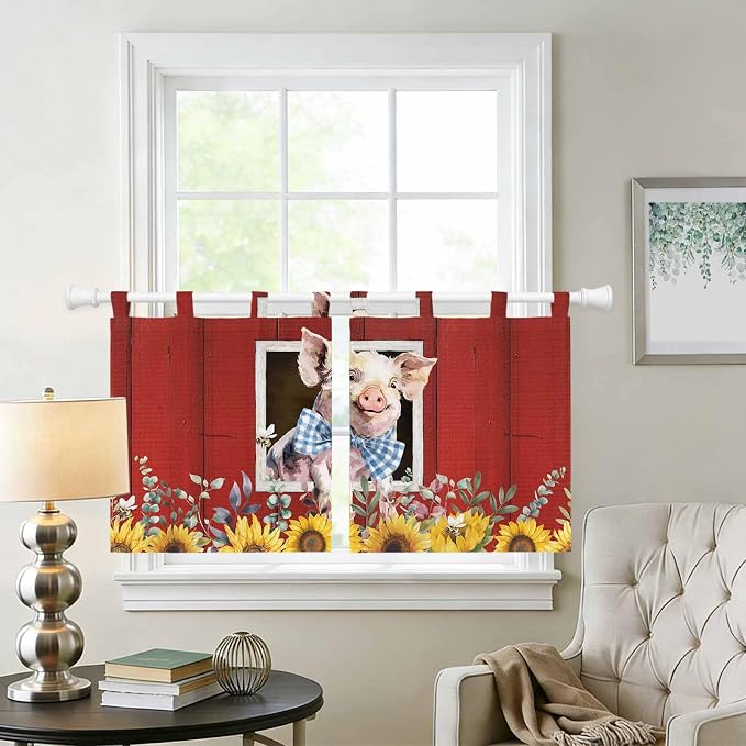 Pig Sunflowers Kitchen Curtains 36 Inch Length, Small Window Curtains Tab Top - Image 2