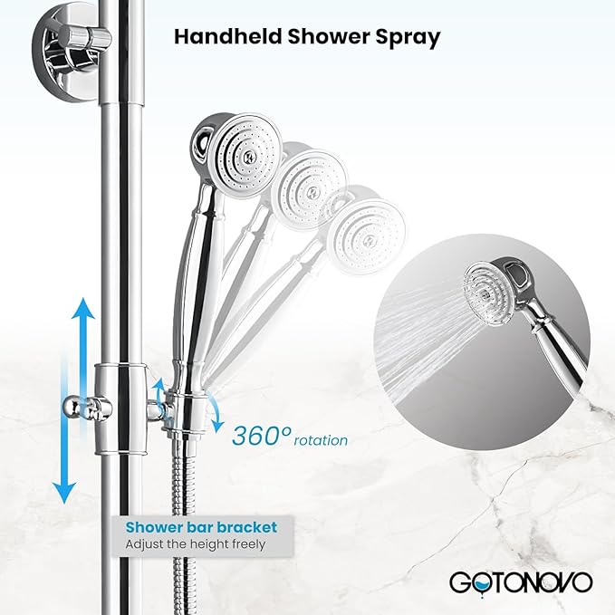 gotonovo Exposed Bathroom Shower System Classic Shower Kit 8 Inch Luxurious Rainfall Shower Head Handheld Spray Tub Filler Brass Pipe 3-Function Wall Mount Double Cross Knobs Polished Chrome
