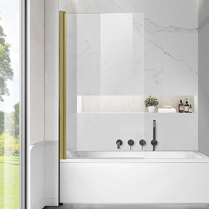 Frameless Tub Shower Door, Clear Tempered Glass Bathroom Shower Door 30" W*55" H, Hinged Foldable Bathtub Screen with Brushed Gold Wall Profile Support