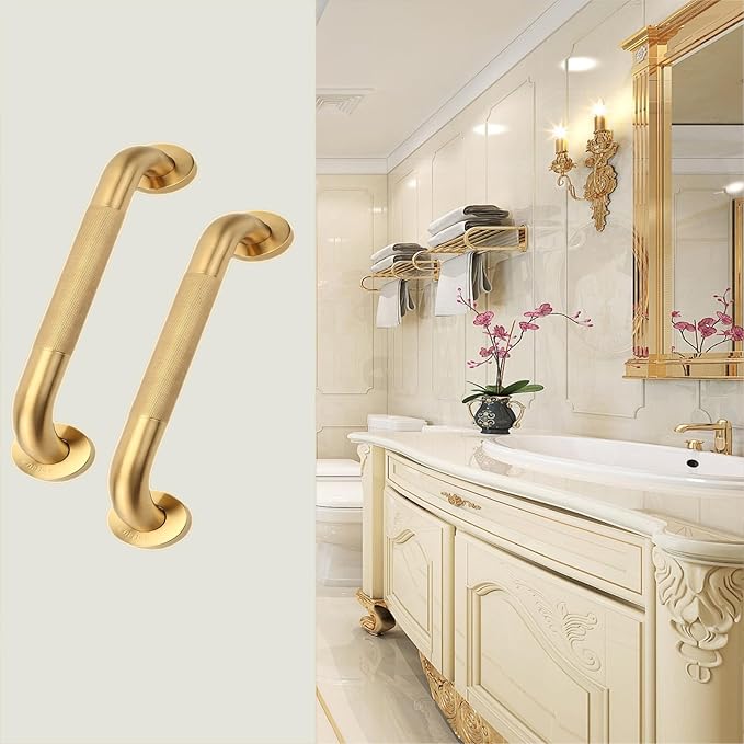 Shower Grab Bar, 2 Pack 24 Inch Gold Bathroom Grab Bar, 1.25" Diameter 304 Stainless Steel Anti-Slip Grab Bars for Bathtubs and Showers, Handicap Shower Grab Bar for Seniors Elderly