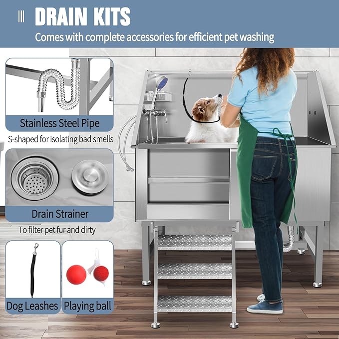 Stainless Steel Dog Cat Pet Grooming Bath Tub (w/Faucet, Sprayer, Shampoo Rack)