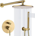 TRUSTMI Brushed Gold Shower System Pressure Balance 10 Inch Rainfall Shower Set with Brass Rough-In Diverter Valve and Trim Kit, Wall Mounted